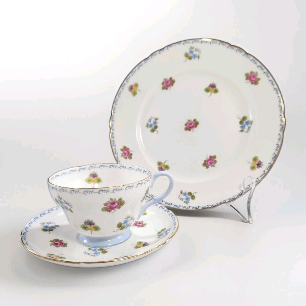 Shelley China Trio Forget Me Nots Rose Pansy Lunch Plate Tea Cup Saucer Set VTG